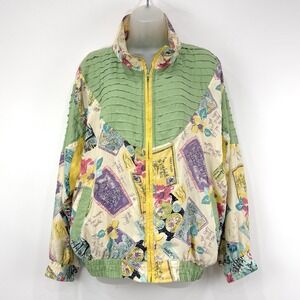 Swell Jacket Women's L Floral  VTG Hawaiian Post Card‎ 100% Silk Artsy Bomber